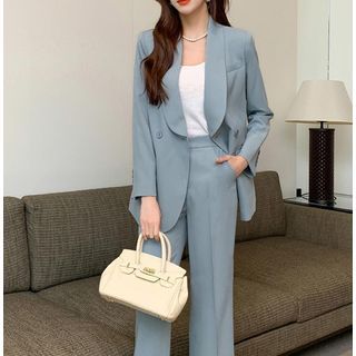 Image of ID 1312176367 Set: Collar Plain Double Breasted Blazer + High Rise Straight Leg Suit Pants