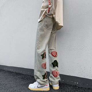 Image of ID 1312191824 Mid Rise Heart Embroidered Washed Straight Leg Jeans