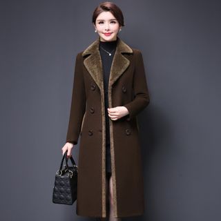 Image of ID 1312370631 Double Breasted Faux Fur Trim Long Coat
