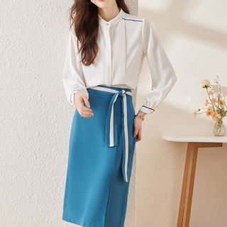Image of ID 1312372474 Long-Sleeve Band Collar Contrast Trim Blouse / High Rise Plain A-Line Skirt / Tie-Rise Midi Pencil Skirt / Set