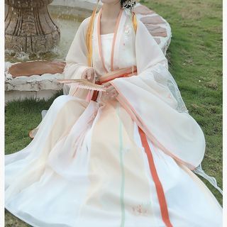 Image of ID 1312381719 Long-Sleeve Floral Embroidered Hanfu Top / Maxi A-Line Wrap Skirt