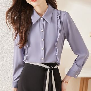 Image of ID 1312389826 Long-Sleeve Collared Plain Frill Blouse / High Rise Plain Button Pencil Skirt / Tie-Rise Midi Pencil Skirt / Set