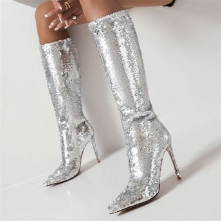 Image of ID 1312499367 Pointed-Toe Sequin Stiletto-Heel Tall Boots