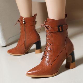Image of ID 1312612948 Block Heel Pointed Toe Crocodile Grain Buckled Lace Up Short Boots