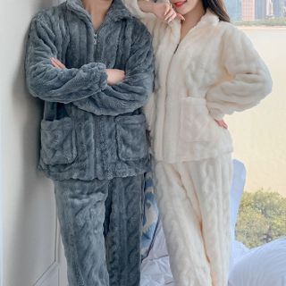 Image of ID 1312749016 Couple Matching Pajama Set: Fleece Zipped Shirt + Pants