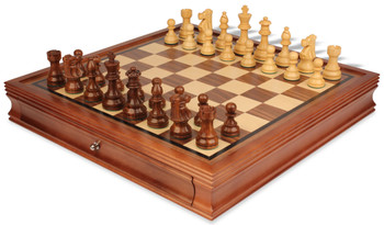 Image of ID 1315802482 French Lardy Staunton Chess Set Golden Rosewood & Boxwood Pieces with Walnut Chess Case - 375" King