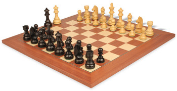 Image of ID 1318549595 German Knight Staunton Chess Set in Ebonized Boxwood with Mahogany & Maple Deluxe Chess Board - 375" King