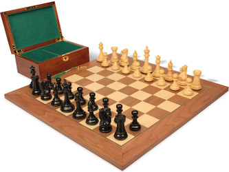 Image of ID 1318876741 New Exclusive Staunton Chess Set Ebonized & Boxwood Pieces with Walnut & Maple Deluxe Board & Box - 35" King