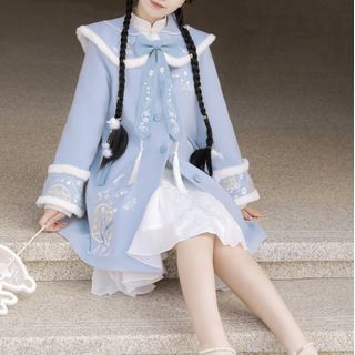 Image of ID 1326299067 Flower Embroidered Fluffy Trim Long Coat / Long-Sleeve Plain A-Line Qipao