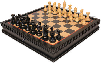 Image of ID 1326874661 Parker Staunton Chess Set Ebonized & Boxwood Pieces with Black & Bird's-Eye Maple Chess Case - 325" King