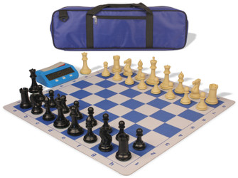 Image of ID 1328361912 Conqueror Large Carry-All Plastic Chess Set Black & Camel Pieces with Clock & Lightweight Floppy Board - Royal Blue