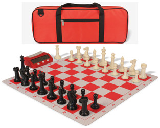 Image of ID 1328361975 Executive Deluxe Carry-All Plastic Chess Set Black & Ivory Pieces with Clock & Lightweight Floppy Board & Bag - Red