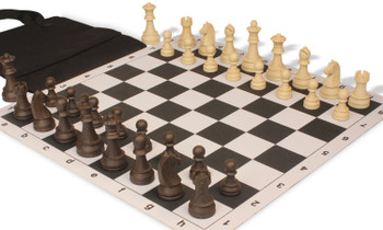 Image of ID 1328362003 German Knight Easy-Carry Plastic Chess Set Wood Grain Pieces with Lightweight Floppy Board - Black