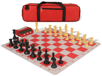 Image of ID 1328362013 Standard Club Large Carry-All Plastic Chess Set Black & Camel Pieces with Clock Bag & Lightweight Floppy Board - Red