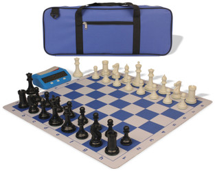 Image of ID 1328362033 Conqueror Deluxe Carry-All Plastic Chess Set Black & Ivory Pieces with Clock & Lightweight Floppy Board - Royal Blue