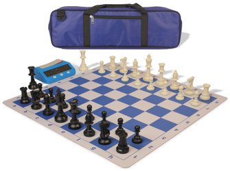 Image of ID 1328362088 Weighted Standard Club Large Carry-All Plastic Chess Set Black & Ivory Pieces with Bag Clock & Lightweight Floppy Board - Royal Blue