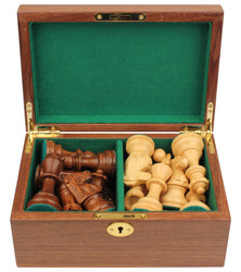 Image of ID 1329724920 French Lardy Staunton Chess Set Golden Rosewood & Boxwood Pieces with Walnut Chess Box - 325" King