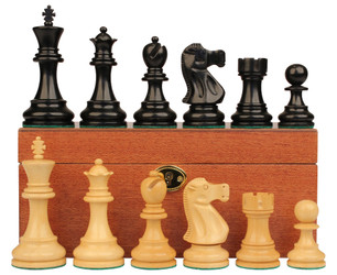 Image of ID 1329925044 Deluxe Old Club Staunton Chess Set Ebonized & Boxwood Pieces with Classic Mahogany Board & Box - 325" King