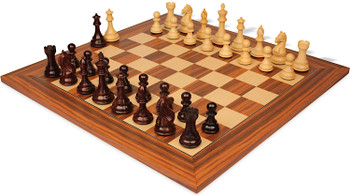 Image of ID 1329925045 Fierce Knight Staunton Chess Set Rosewood & Boxwood Pieces with Santos Rosewood & Maple Deluxe Chess Board - 4" King