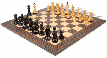 Image of ID 1329925046 Zagreb Series Chess Set Ebonized & Boxwood Pieces with Tiger Ebony Deluxe Chess Board - 3875" King