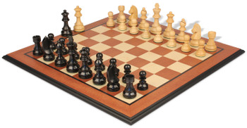 Image of ID 1329925051 German Knight Staunton Chess Set Ebonized & Boxwood Pieces with Molded Edge Mahogany Board - 375" King
