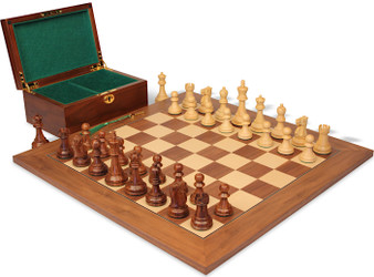 Image of ID 1337245916 Reykjavik Series Chess Set Golden Rosewood & Boxwood Pieces with Walnut & Maple Deluxe Board & Box - 375" King