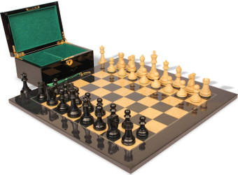 Image of ID 1337245921 Reykjavik Series Chess Set Ebony & Boxwood Pieces with Black & Ash Burl Board & Box- 375" King