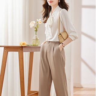 Image of ID 1338823545 Set: Tie-Neck Plain Faux Pearl Shirt + High Waist Cropped Tapered Pants