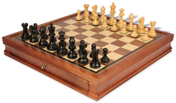 Image of ID 1340616311 Parker Staunton Chess Set in Ebonized Boxwood with Walnut Chess Case - 375" King