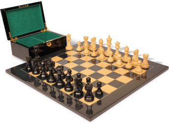 Image of ID 1340616320 Parker Staunton Chess Set Ebonized & Boxwood Pieces with Black Ash Burl Board & Box - 375" King