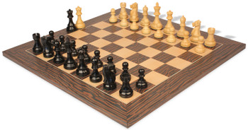 Image of ID 1340616330 Fischer-Spassky Commemorative Chess Set Ebonized & Boxwood Pieces with Deluxe Tiger Ebony & Maple Board - 375" King
