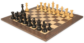 Image of ID 1340616337 Parker Staunton Chess Set Ebonized & Boxwood Pieces with Deluxe Tiger Ebony & Maple Board- 375" King