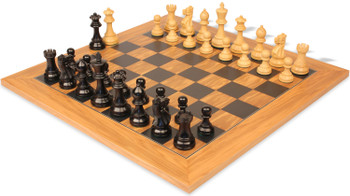 Image of ID 1340616350 Parker Staunton Chess Set Ebonized & Boxwood Pieces with Olive Wood & Black Board- 375" King