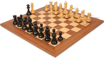 Image of ID 1340616352 Parker Staunton Chess Set Ebonized & Boxwood Pieces with Walnut & Maple Deluxe Board- 375" King