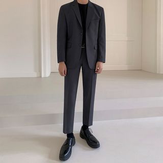 Image of ID 1340748933 Lapel Collar Plain Single-Breasted Blazer / Mid Rise Cropped Tapered Dress Pants