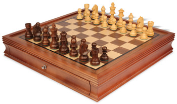 Image of ID 1346172710 German Knight Staunton Chess Set Golden Rosewood & Boxwood Pieces with Walnut Chess Case - 325" King