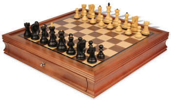 Image of ID 1346172712 Zagreb Series Chess Set Ebonized & Boxwood Pieces with Walnut Chess Case - 325" King