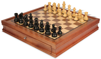 Image of ID 1346172715 German Knight Staunton Chess Set Ebonized & Boxwood Pieces with Walnut Chess Case - 325" King