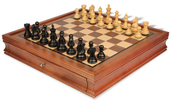 Image of ID 1346172716 Fierce Knight Staunton Chess Set Ebonized & Boxwood Pieces with Walnut Chess Case - 3" King