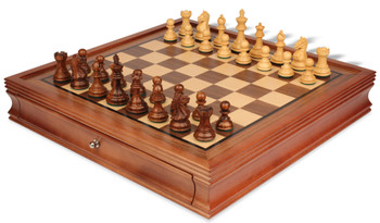 Image of ID 1346172717 Fierce Knight Staunton Chess Set Golden Rosewood & Boxwood Pieces with Walnut Chess Case - 3" King