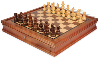 Image of ID 1346172718 French Lardy Staunton Chess Set Golden Rosewood & Boxwood Pieces with Walnut Chess Case - 325" King