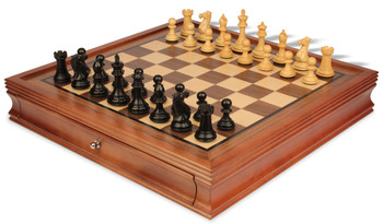 Image of ID 1346172719 New Exclusive Staunton Chess Set Ebonized & Boxwood Pieces with Walnut Chess Case - 3" King