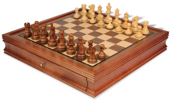 Image of ID 1346172722 Deluxe Old Club Staunton Chess Set Golden Rosewood & Boxwood Pieces with Walnut Chess Case - 325" King