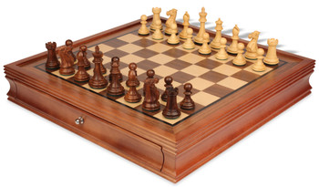 Image of ID 1346172727 New Exclusive Staunton Chess Set Golden Rosewood & Boxwood Pieces with Walnut Chess Case - 3" King