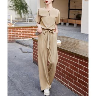 Image of ID 1347685252 Set: Short-Sleeve Collared Plain Blouse + High Waist Tie Front Wide Leg Pants