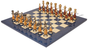 Image of ID 1351828573 Large Contemporary Staunton Solid Brass & Wood Chess Set with Blue Ash Burl Board