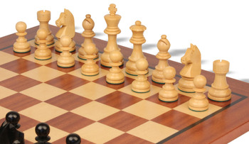 Image of ID 1352753697 German Knight Staunton Chess Set Ebonized & Boxwood Pieces with Classic Mahogany Board - 375" King