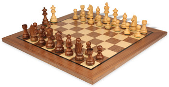 Image of ID 1352753699 German Knight Staunton Chess Set Golden Rosewood & Boxwood Pieces with Classic Walnut Board - 325" King