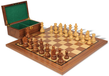Image of ID 1352753710 German Knight Staunton Chess Set Golden Rosewood & Boxwood Pieces with Classic Walnut Board & Box - 375" King