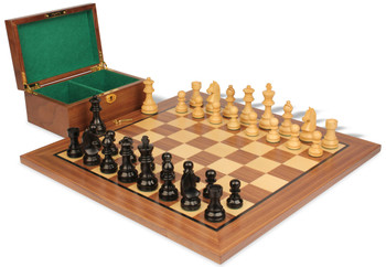 Image of ID 1352753711 German Knight Staunton Chess Set Ebonized & Boxwood Pieces with Classic Walnut Board & Box - 325" King
